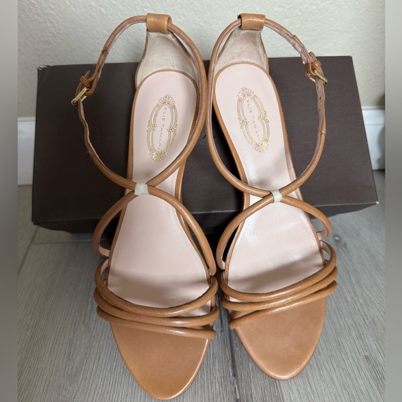 $268 ELIE TAHARI HEATHER Cognac Leather Designer Cork Low Wedge Sandals 8 / 38.5 - Picture 2 of 9